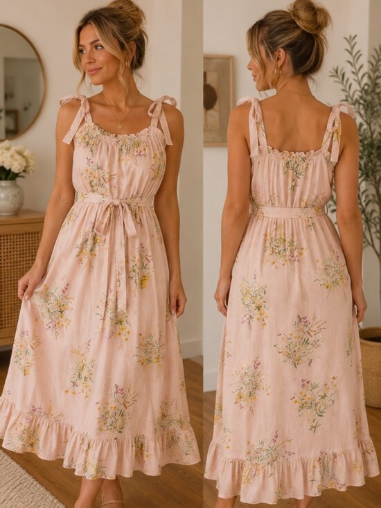 A Loves A Dresses & Skirts - A Loves A Blush Pink Floral Tie Strap Midi Maxi Dress Size Small Cottagecore
